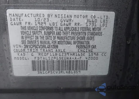 2024 Nissan Kicks Sv Xtronic Cvt z USA, uszkodzony, nr VIN 3N1CP5CV3RL481359